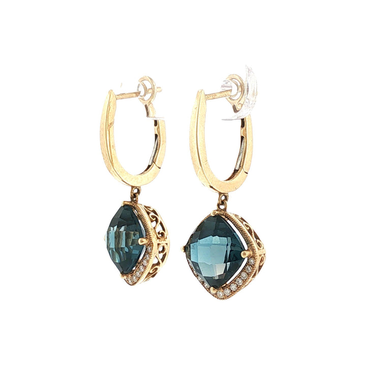 Checkerboard Faceted Blue Topaz Diamond 14 Karat Yellow Gold Dangle Earrings