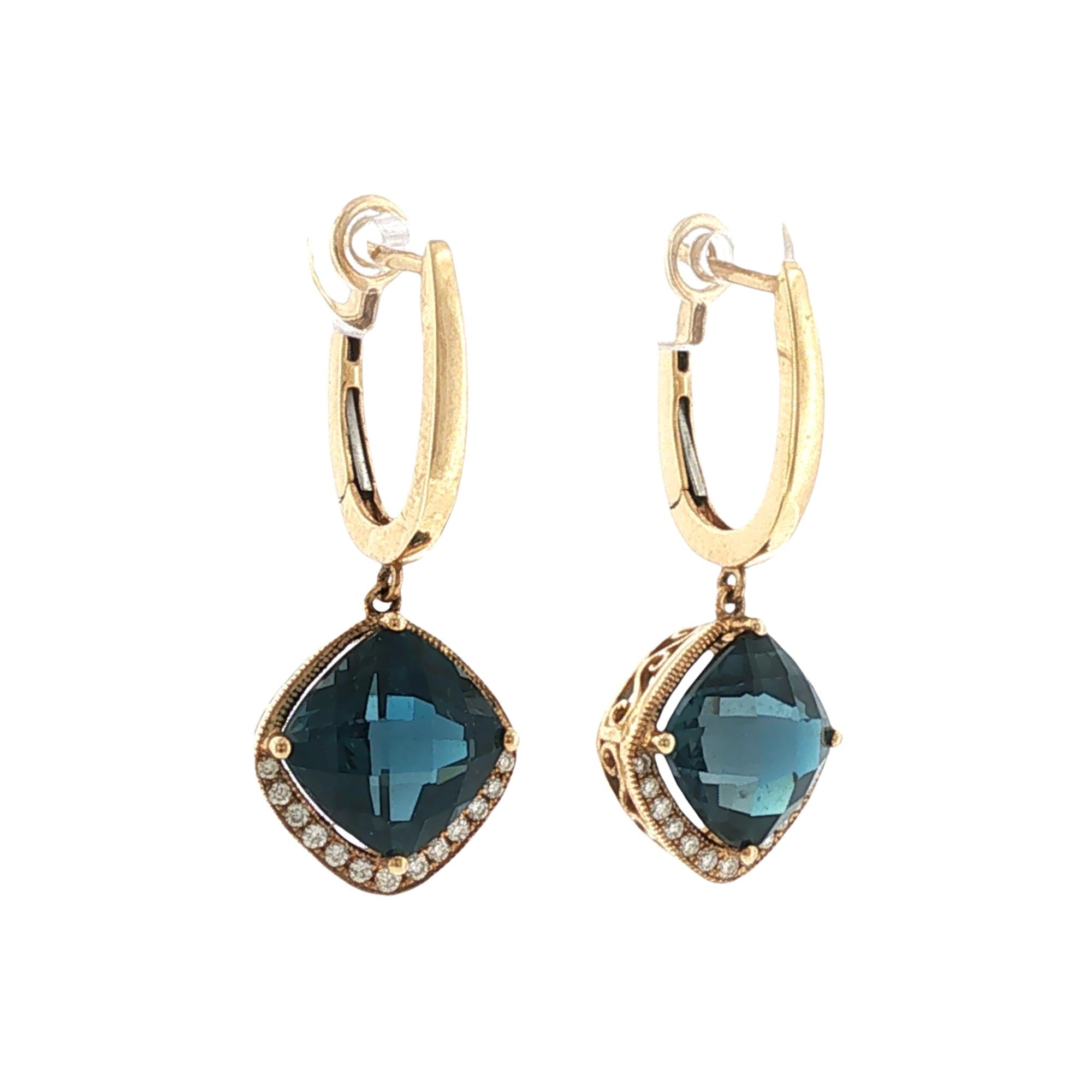 Checkerboard Faceted Blue Topaz Diamond 14 Karat Yellow Gold Dangle Earrings