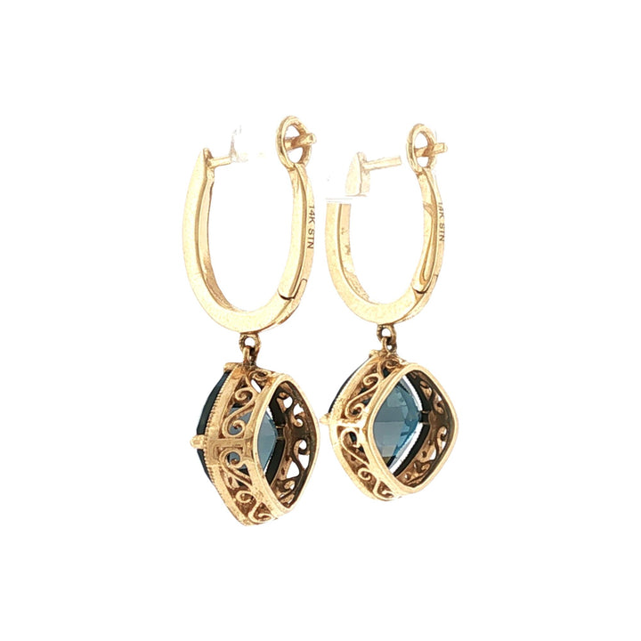 Checkerboard Faceted Blue Topaz Diamond 14 Karat Yellow Gold Dangle Earrings