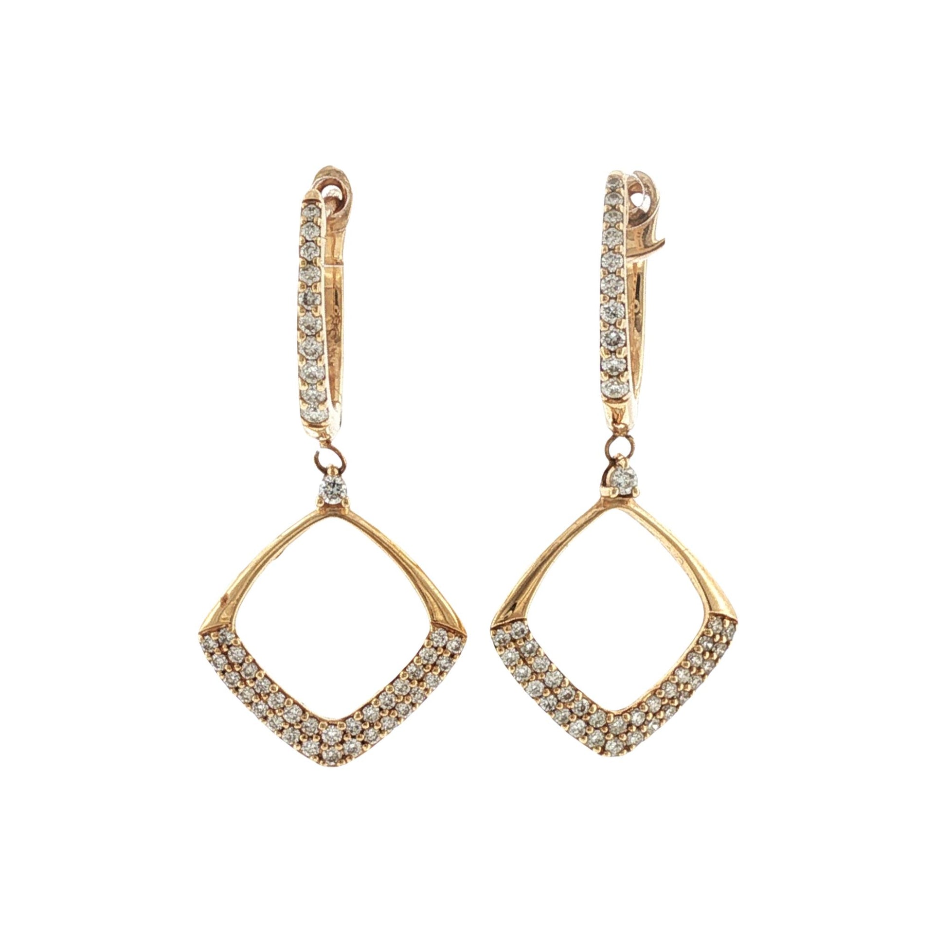 Square Shape Open Diamond Drop Dangle Earrings 14 Karat Yellow Gold