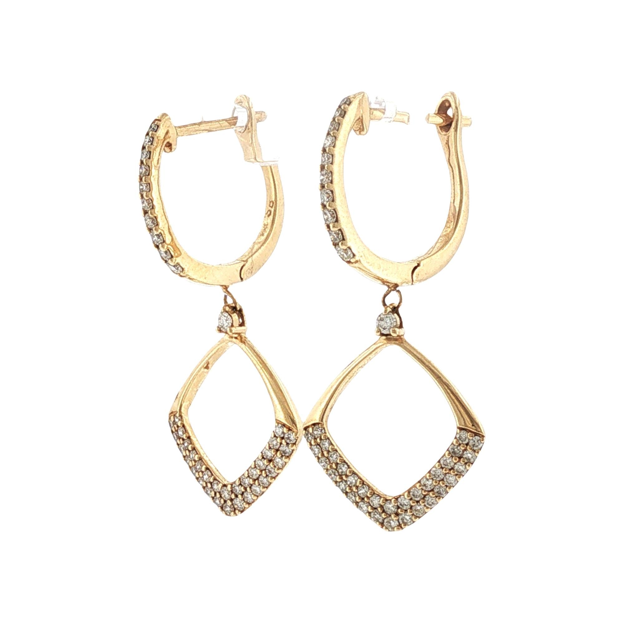 Square Shape Open Diamond Drop Dangle Earrings 14 Karat Yellow Gold