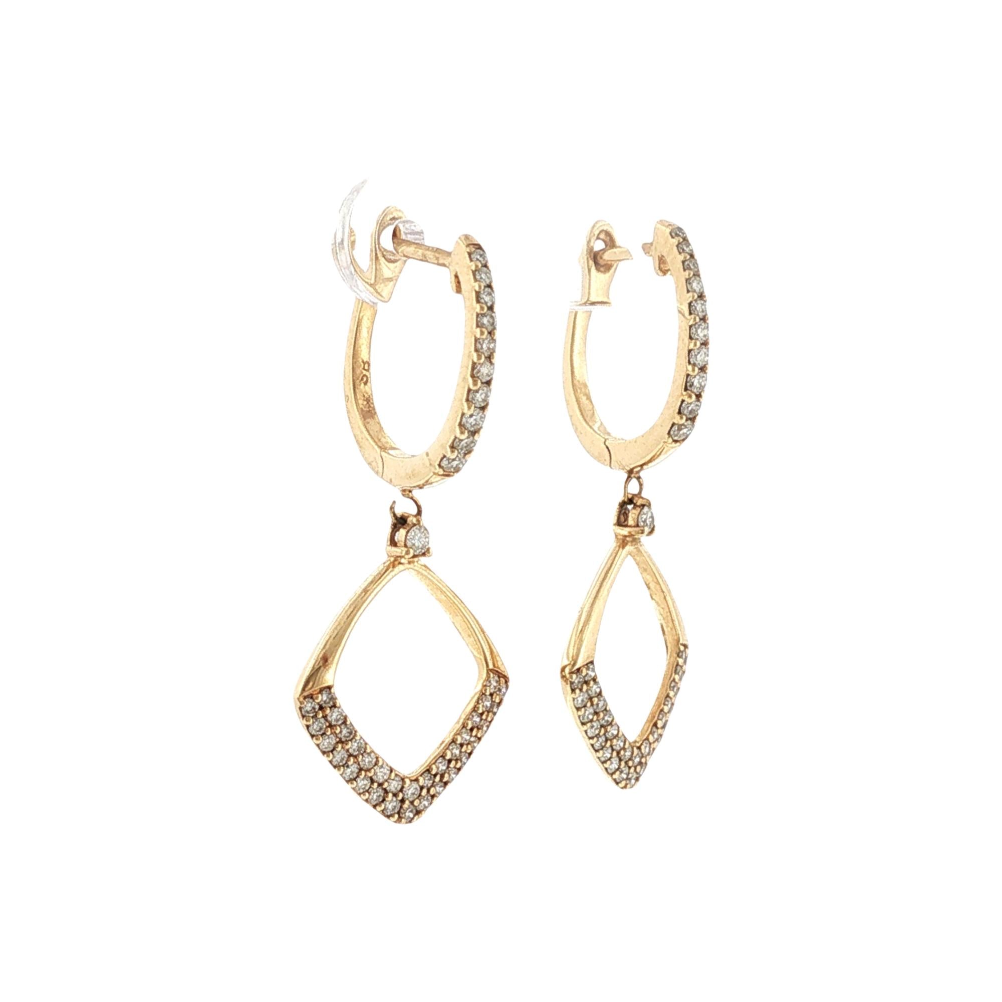 Square Shape Open Diamond Drop Dangle Earrings 14 Karat Yellow Gold