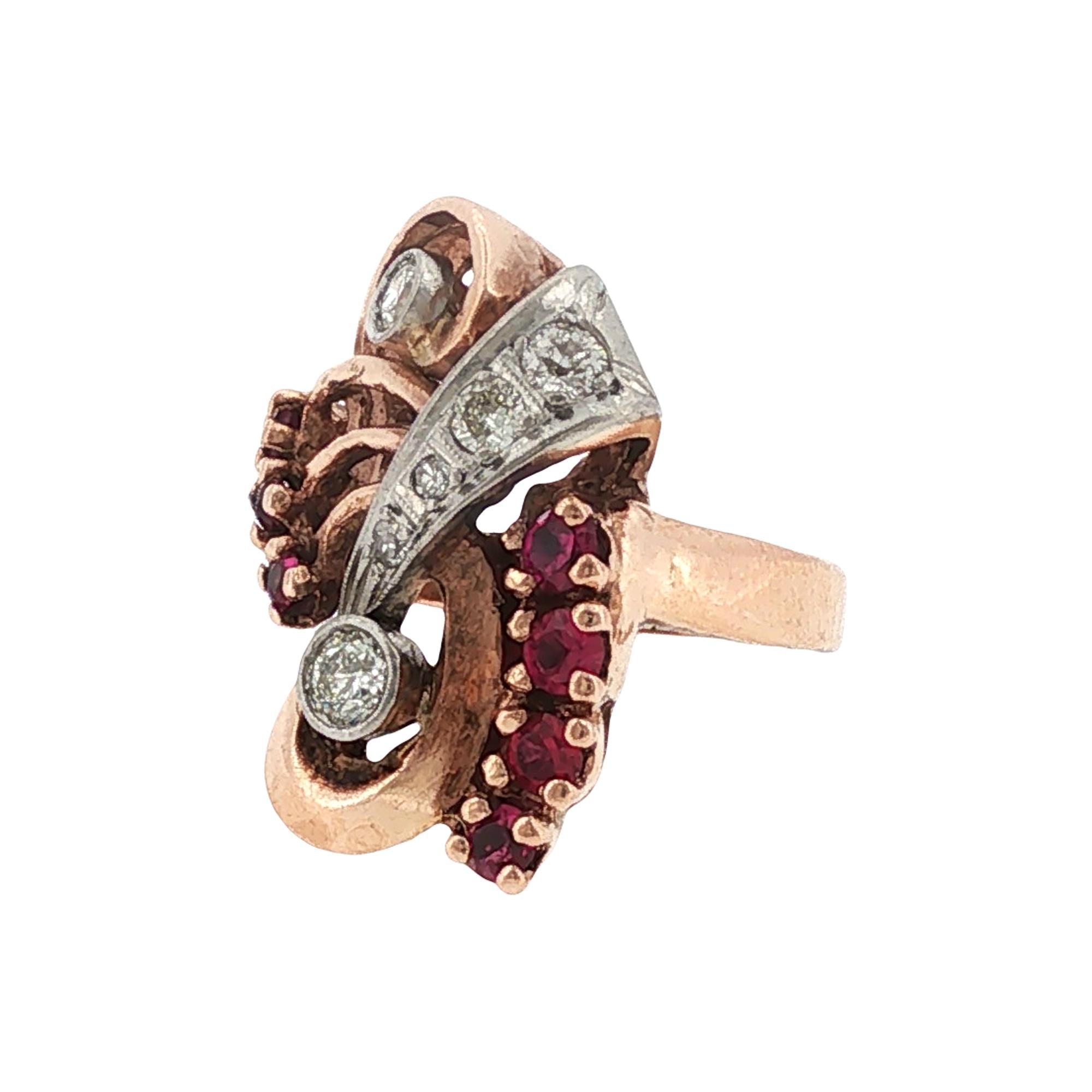 Retro Diamond Ruby 14 Karat Rose Gold Vintage Ring