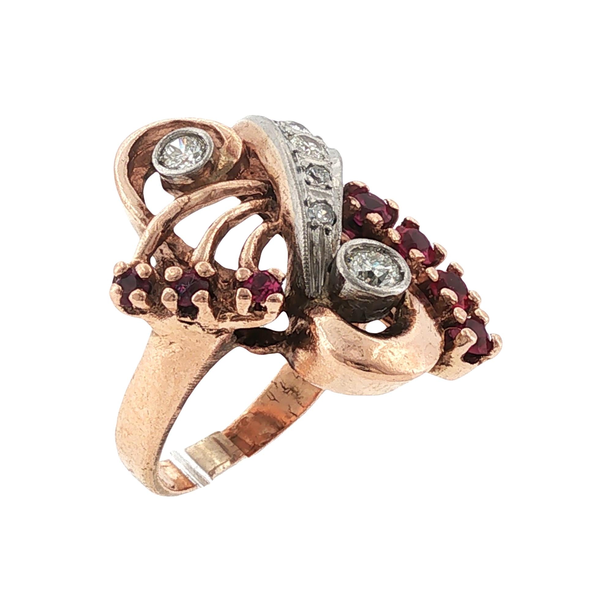 Retro Diamond Ruby 14 Karat Rose Gold Vintage Ring