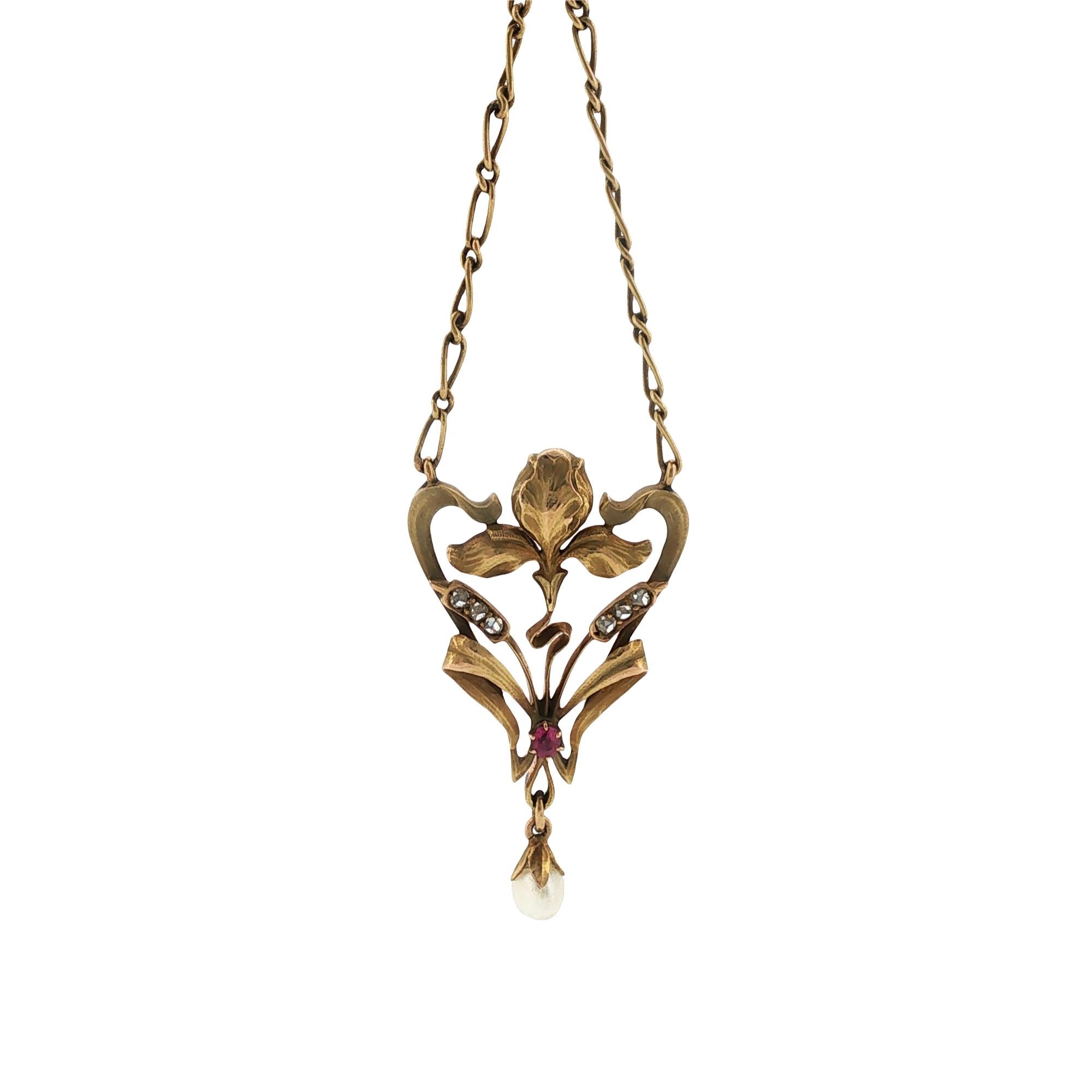 Art Nouveau Lavaliere Pendant Necklace 14KYG Diamond Pearl Ruby Accents