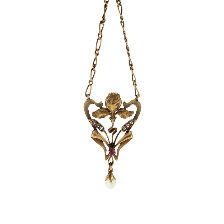 Art Nouveau Lavaliere Pendant Necklace 14KYG Diamond Pearl Ruby Accents