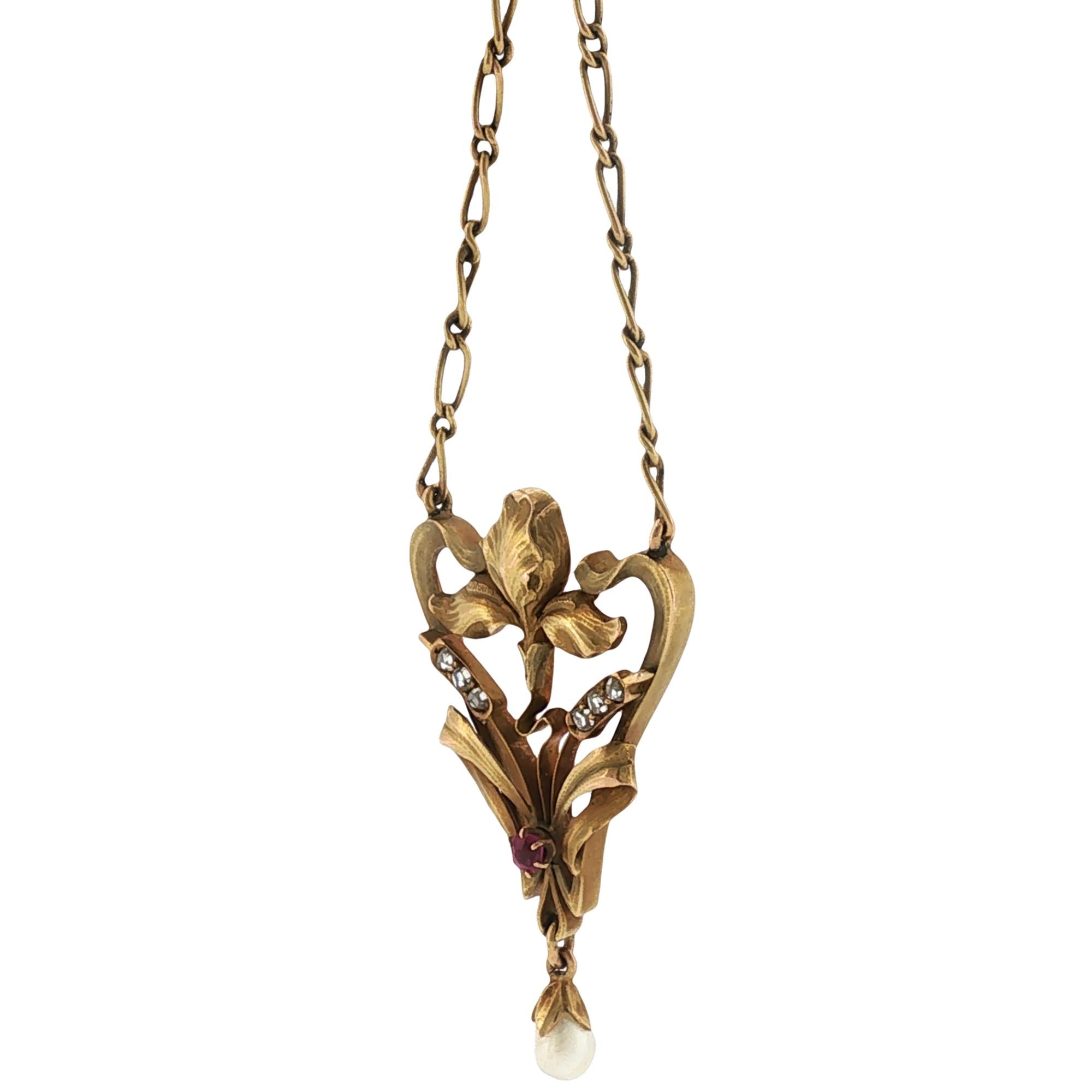 Art Nouveau Lavaliere Pendant Necklace 14KYG Diamond Pearl Ruby Accents