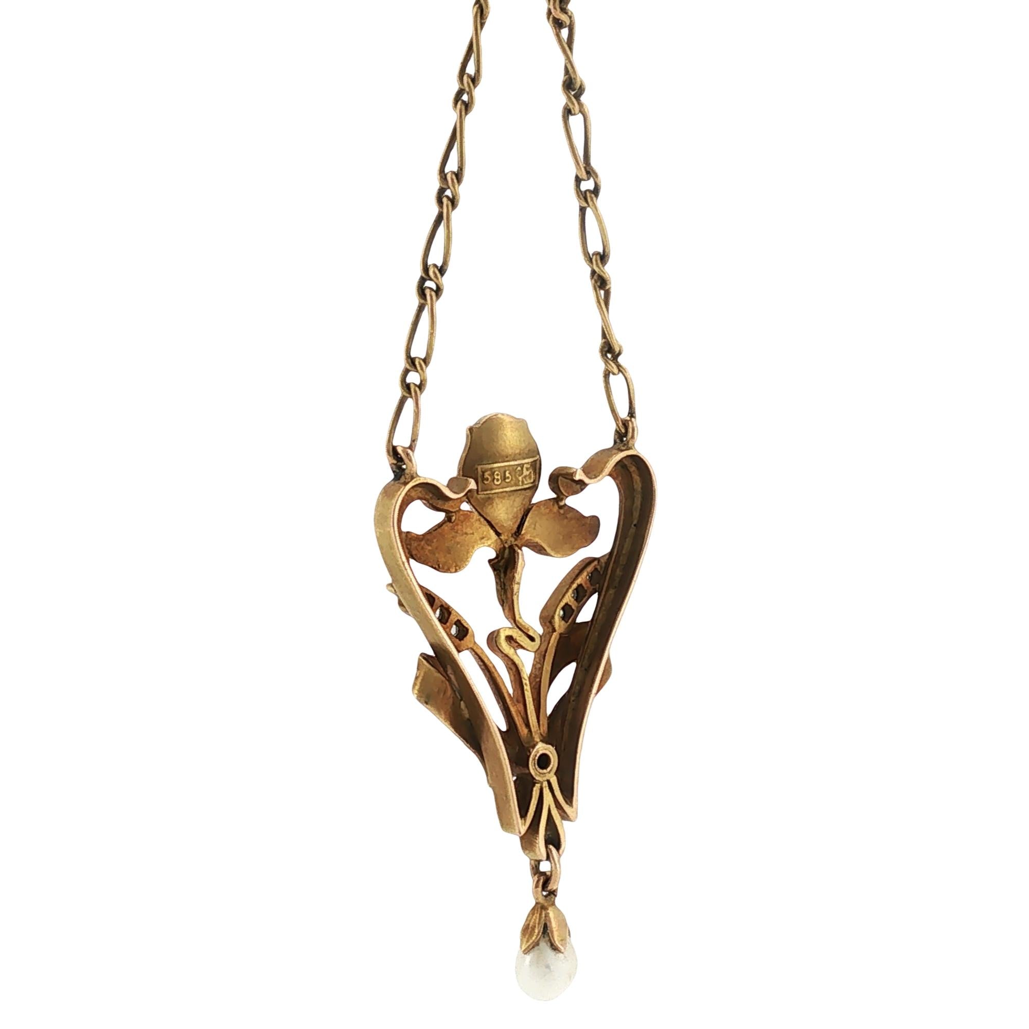 Art Nouveau Lavaliere Pendant Necklace 14KYG Diamond Pearl Ruby Accents
