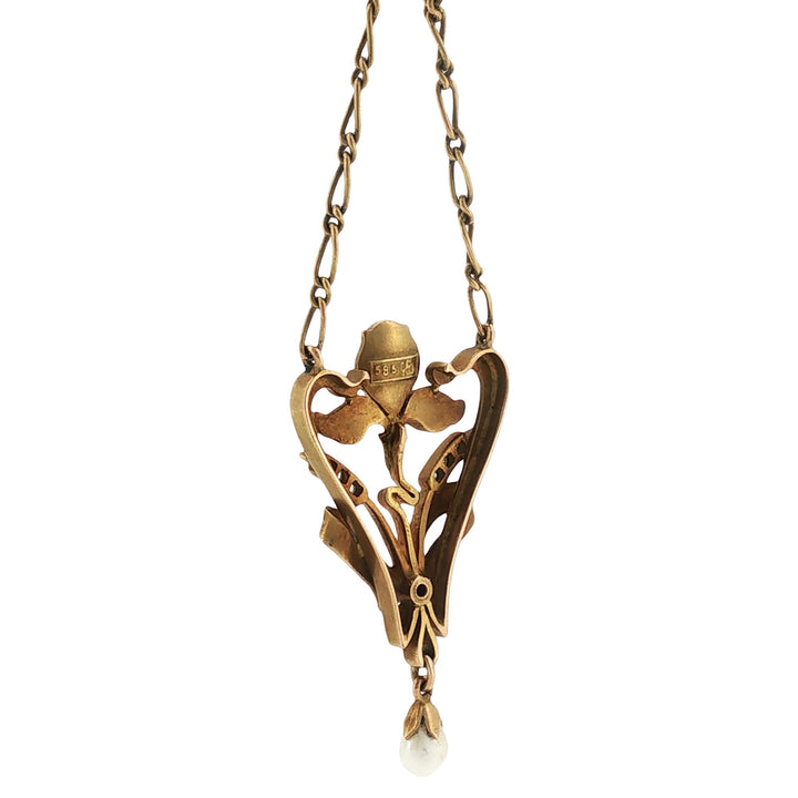 Art Nouveau Lavaliere Pendant Necklace 14KYG Diamond Pearl Ruby Accents