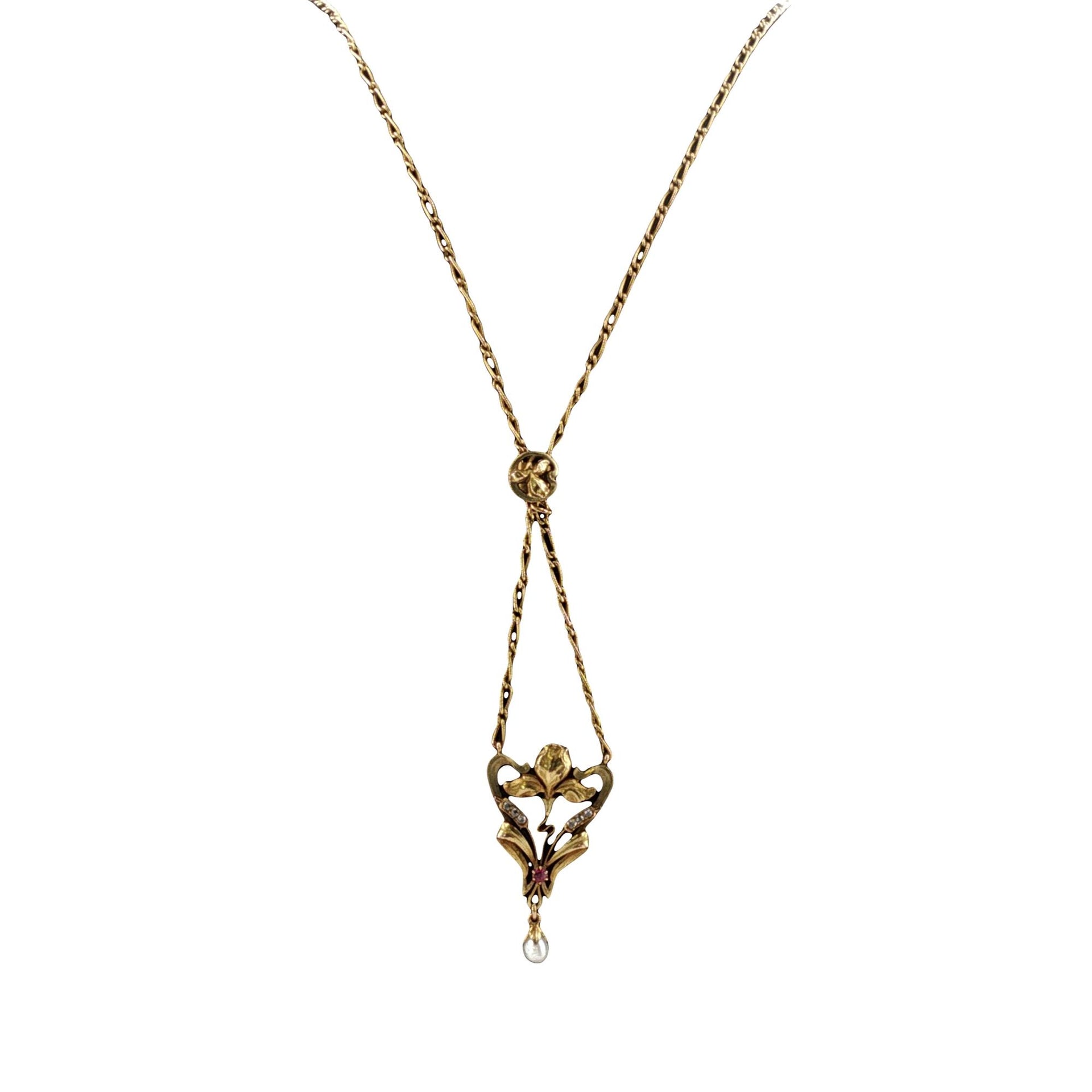 Art Nouveau Lavaliere Pendant Necklace 14KYG Diamond Pearl Ruby Accents