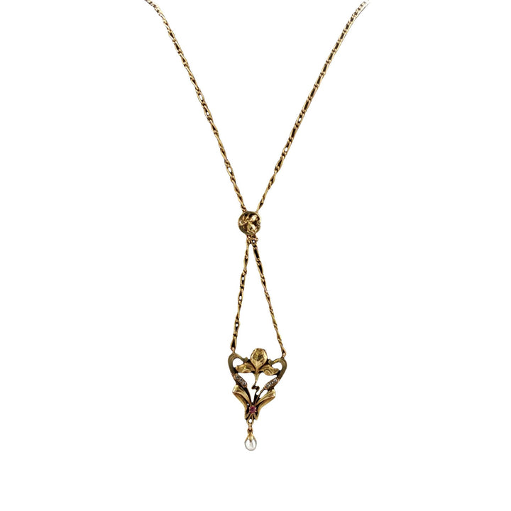 Art Nouveau Lavaliere Pendant Necklace 14KYG Diamond Pearl Ruby Accents
