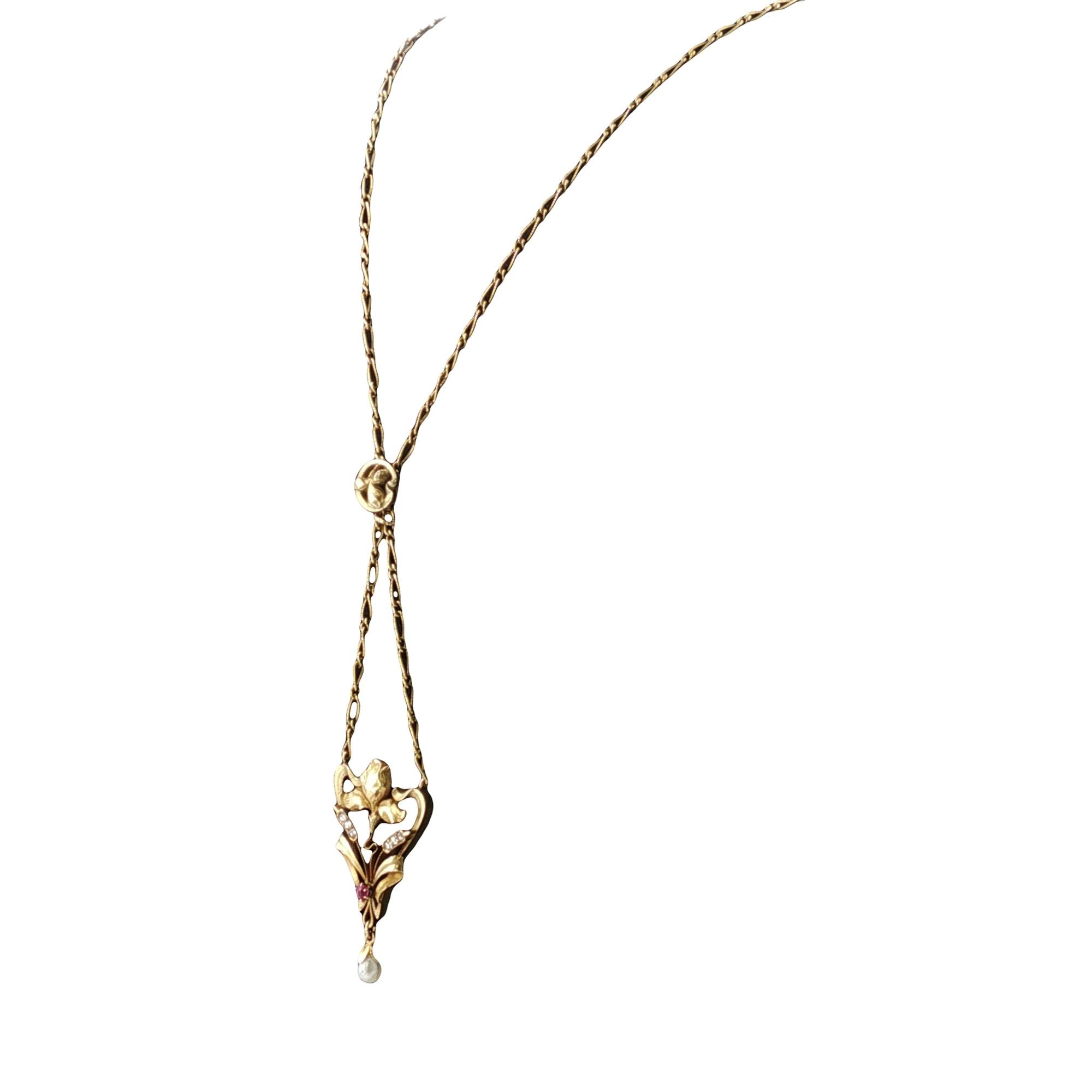 Art Nouveau Lavaliere Pendant Necklace 14KYG Diamond Pearl Ruby Accents