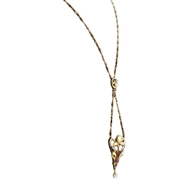 Art Nouveau Lavaliere Pendant Necklace 14KYG Diamond Pearl Ruby Accents
