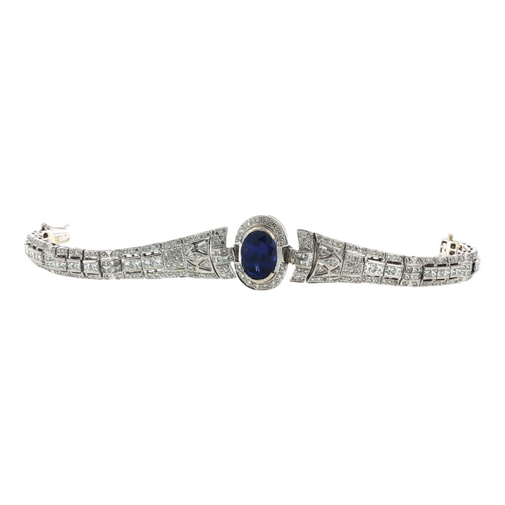4.5 Carat Oval Tanzanite Gemstone Diamond Art Deco Style Platinum Link Bracelet