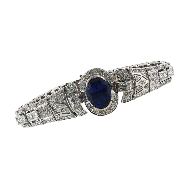 4.5 Carat Oval Tanzanite Gemstone Diamond Art Deco Style Platinum Link Bracelet