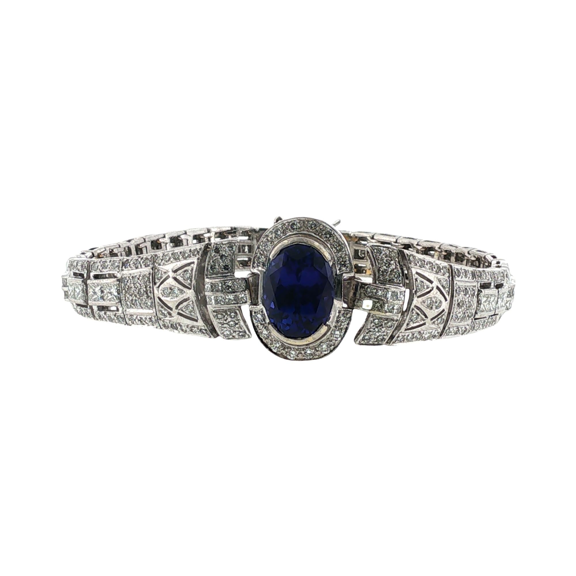 4.5 Carat Oval Tanzanite Gemstone Diamond Art Deco Style Platinum Link Bracelet