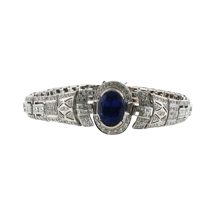 4.5 Carat Oval Tanzanite Gemstone Diamond Art Deco Style Platinum Link Bracelet