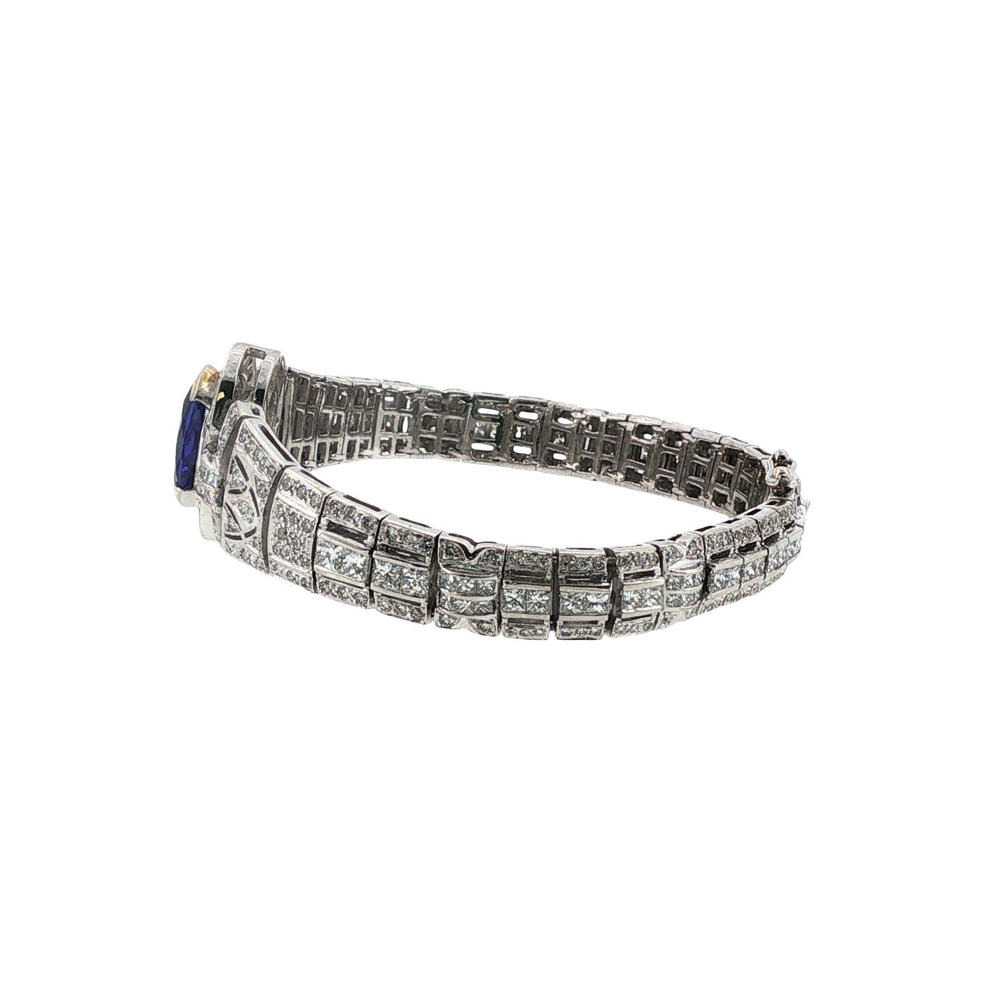 4.5 Carat Oval Tanzanite Gemstone Diamond Art Deco Style Platinum Link Bracelet
