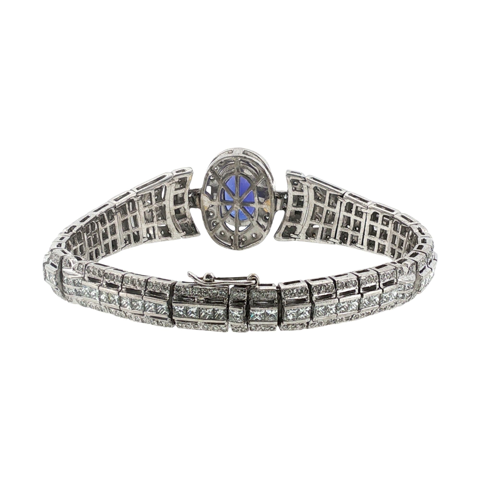 4.5 Carat Oval Tanzanite Gemstone Diamond Art Deco Style Platinum Link Bracelet