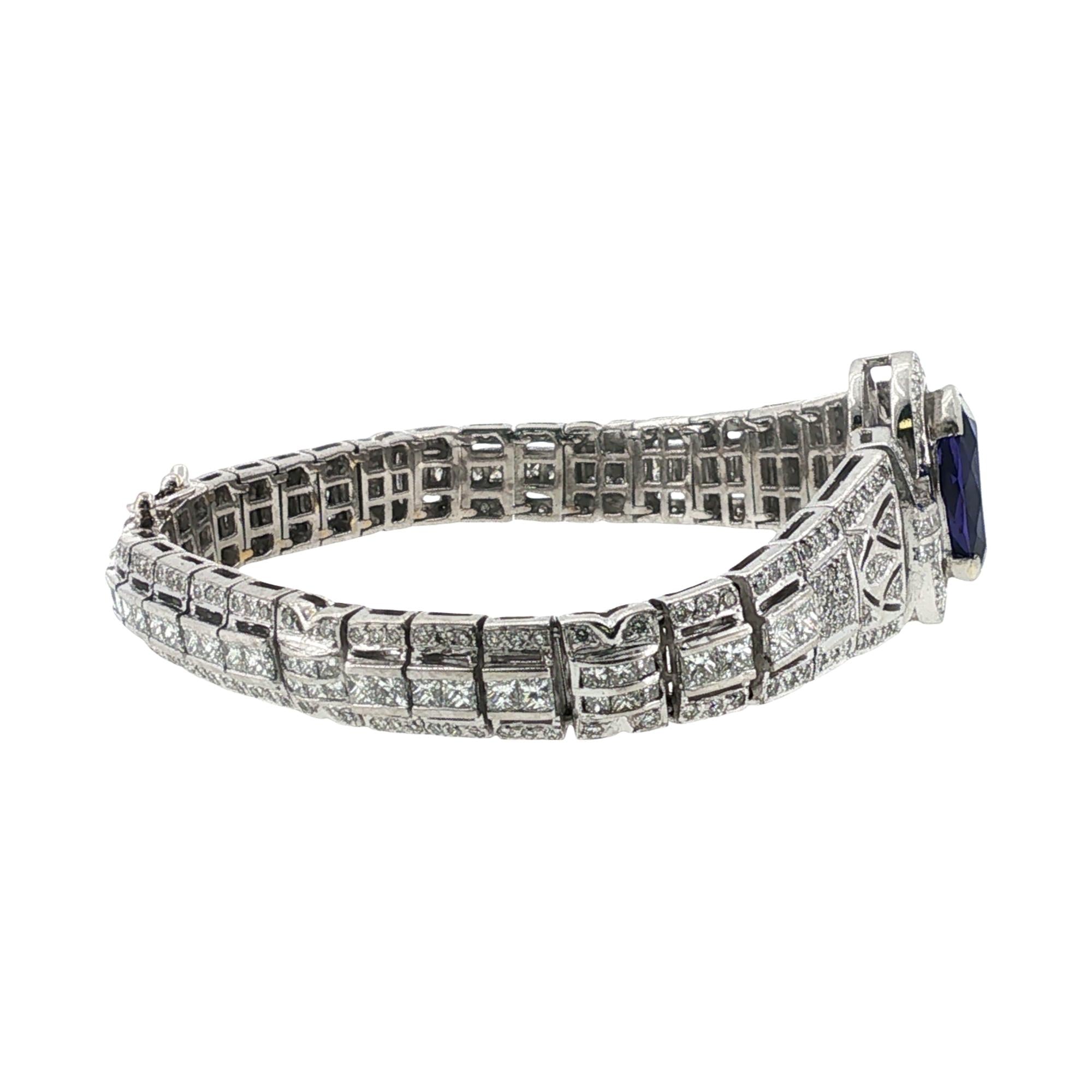 4.5 Carat Oval Tanzanite Gemstone Diamond Art Deco Style Platinum Link Bracelet