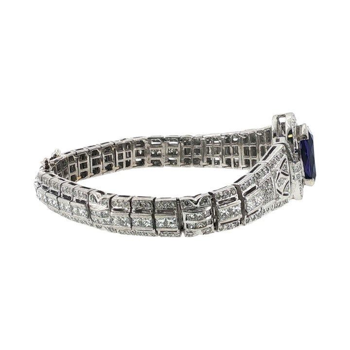 4.5 Carat Oval Tanzanite Gemstone Diamond Art Deco Style Platinum Link Bracelet