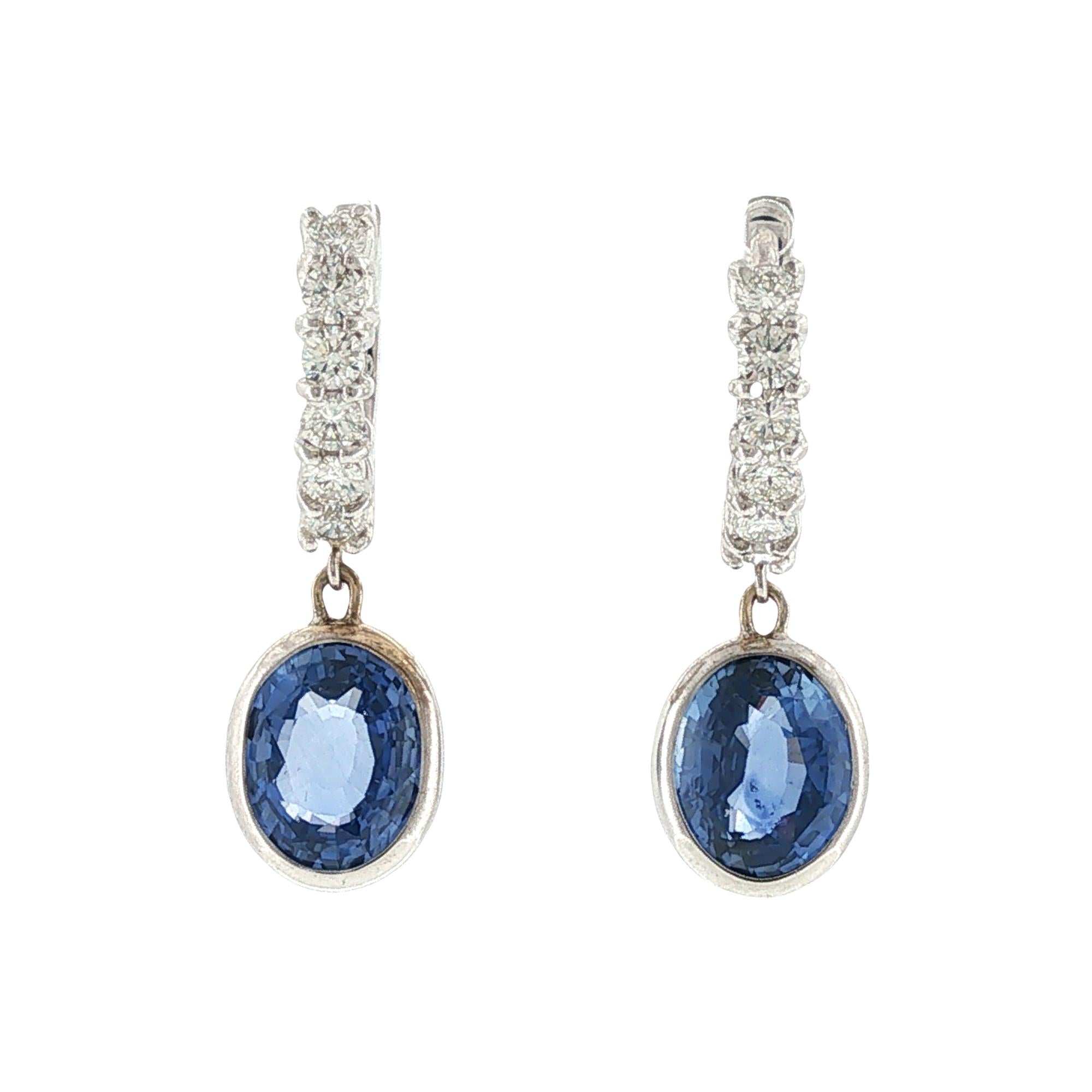 Oval Blue Sapphire Diamond 18 Karat White Gold Drop Modern Dangle Earrings