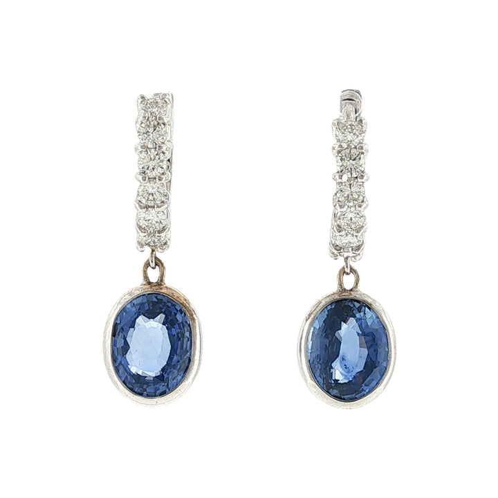 Oval Blue Sapphire Diamond 18 Karat White Gold Drop Modern Dangle Earrings