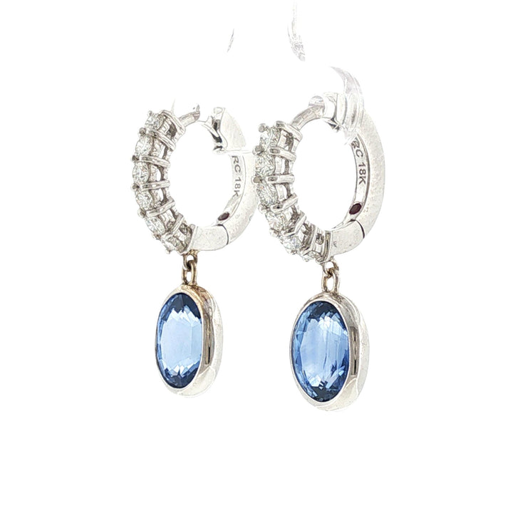 Oval Blue Sapphire Diamond 18 Karat White Gold Drop Modern Dangle Earrings