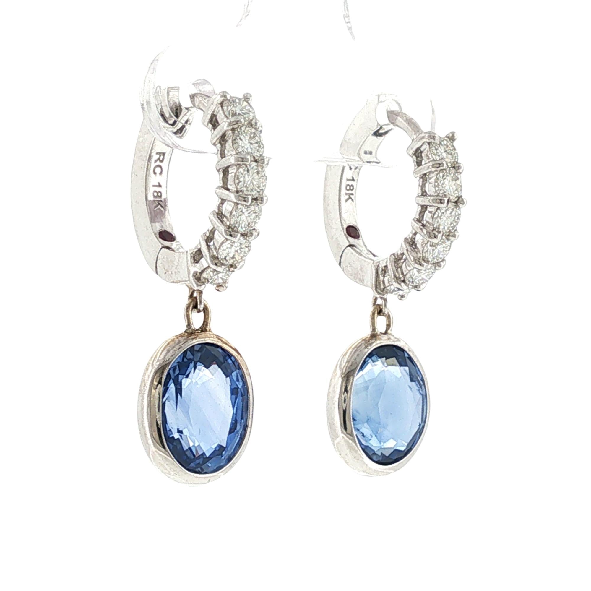 Oval Blue Sapphire Diamond 18 Karat White Gold Drop Modern Dangle Earrings