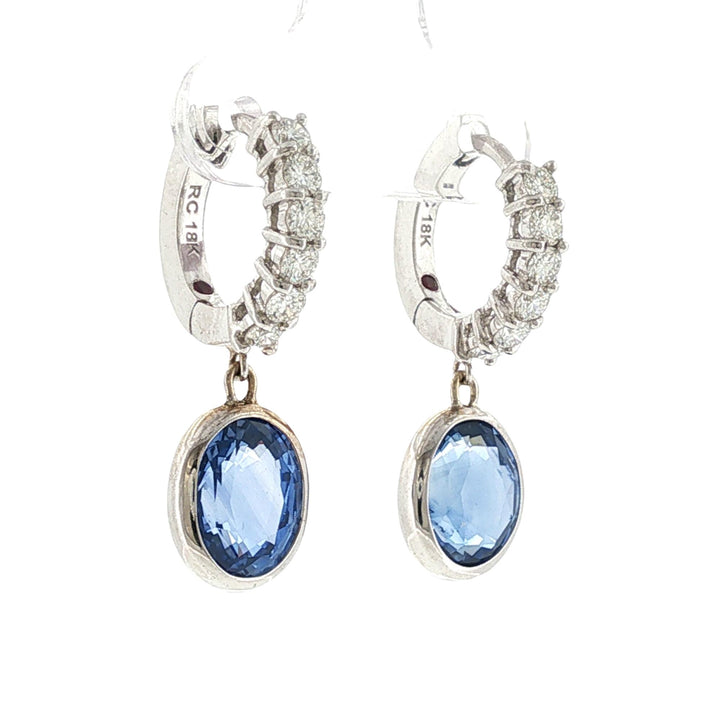 Oval Blue Sapphire Diamond 18 Karat White Gold Drop Modern Dangle Earrings