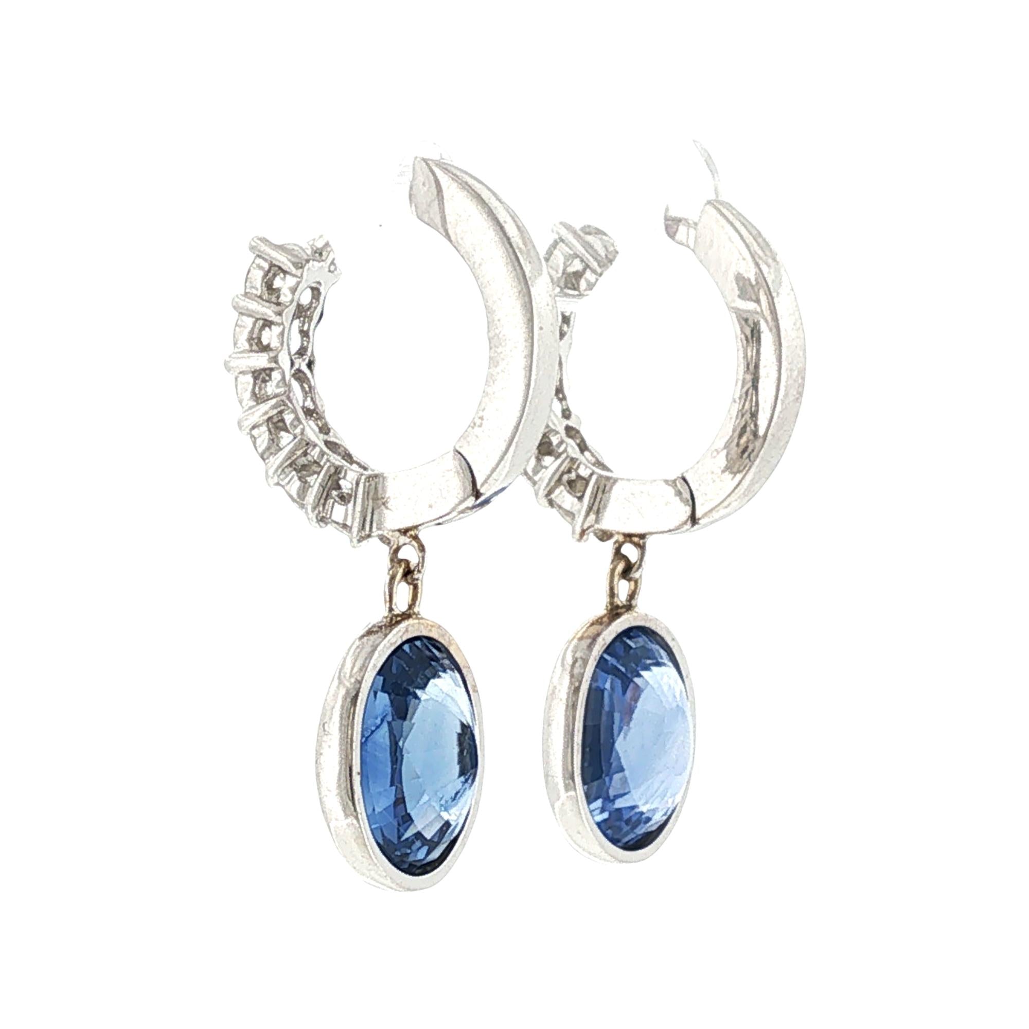 Oval Blue Sapphire Diamond 18 Karat White Gold Drop Modern Dangle Earrings