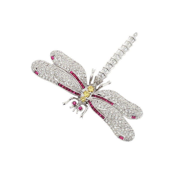 Diamond Ruby 18 Karat White Gold Large Dragonfly Brooch