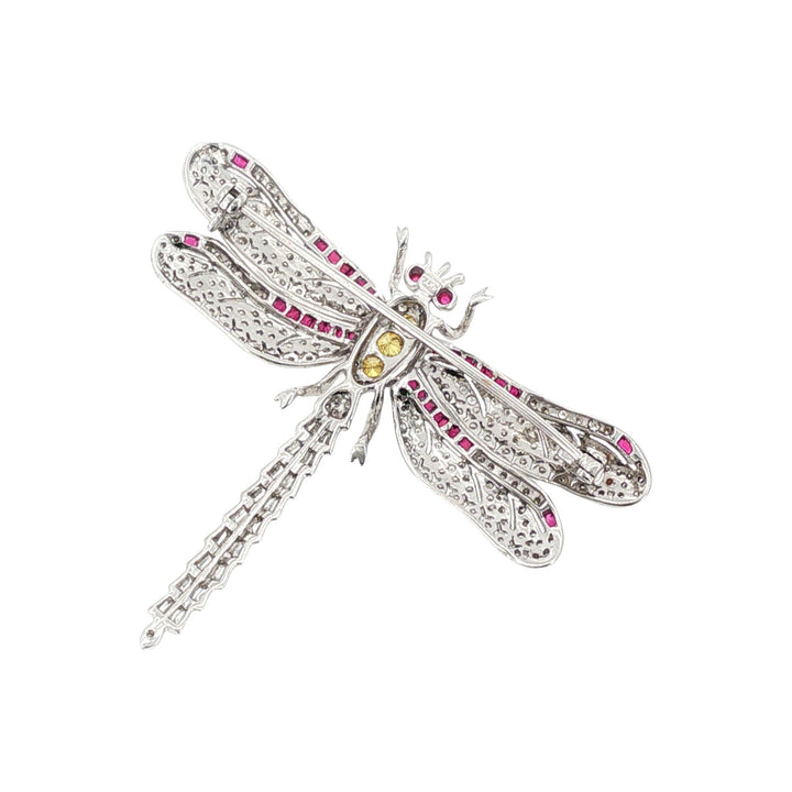 Diamond Ruby 18 Karat White Gold Large Dragonfly Brooch