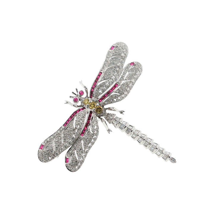 Diamond Ruby 18 Karat White Gold Large Dragonfly Brooch