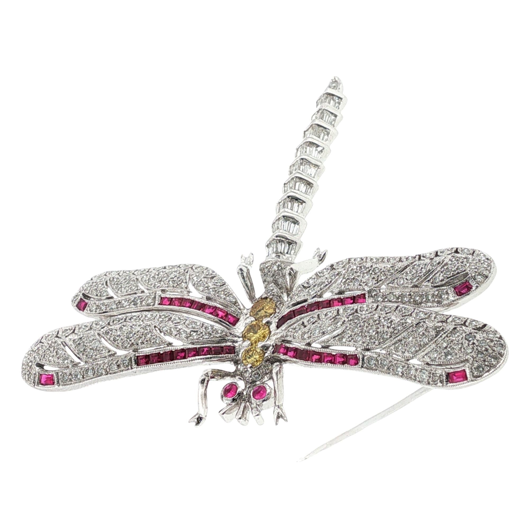 Diamond Ruby 18 Karat White Gold Large Dragonfly Brooch