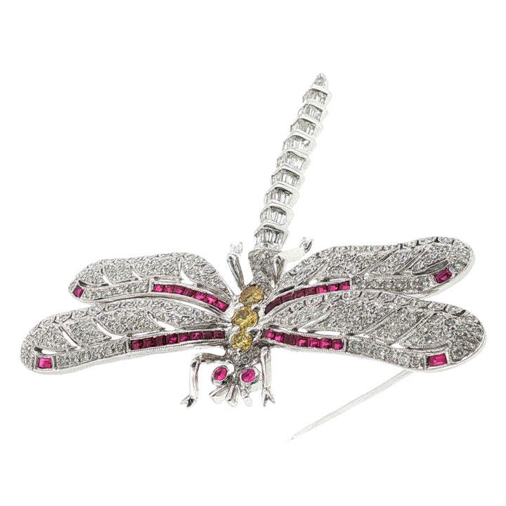 Diamond Ruby 18 Karat White Gold Large Dragonfly Brooch