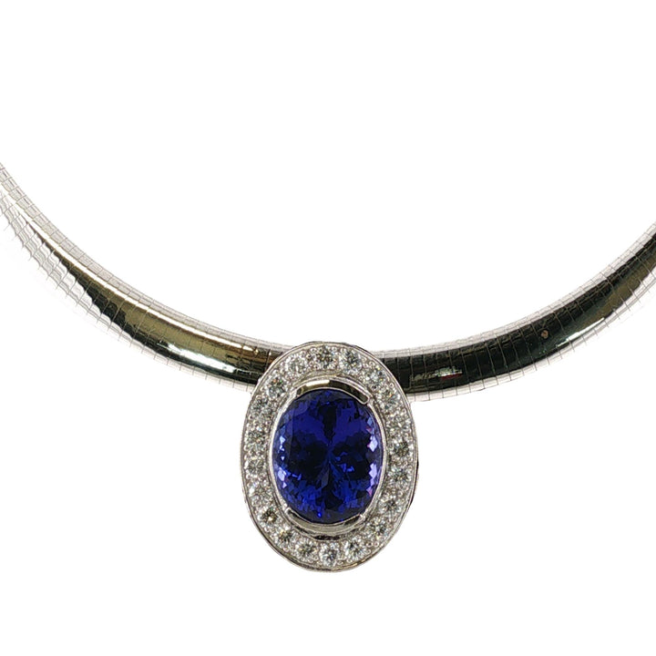16 Carat Oval Tanzanite Gemstone Diamond Pendant Omega Necklace Platinum/14KWG