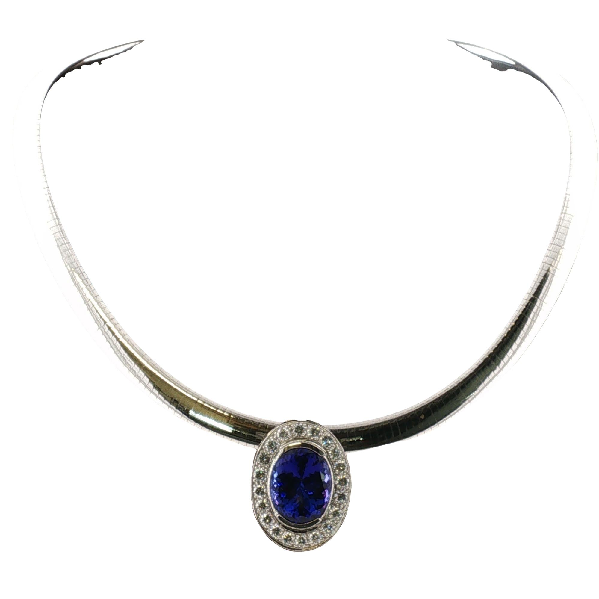 16 Carat Oval Tanzanite Gemstone Diamond Pendant Omega Necklace Platinum/14KWG