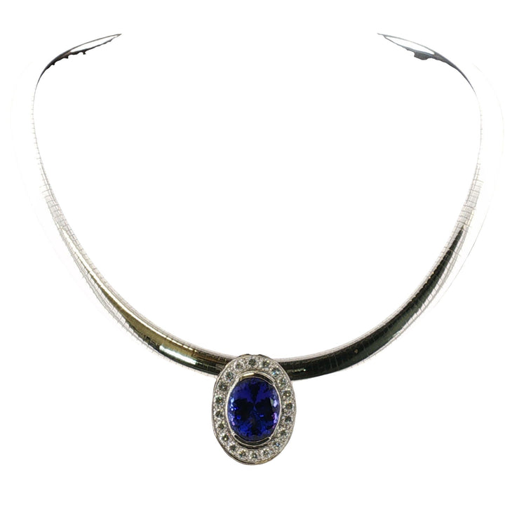 16 Carat Oval Tanzanite Gemstone Diamond Pendant Omega Necklace Platinum/14KWG