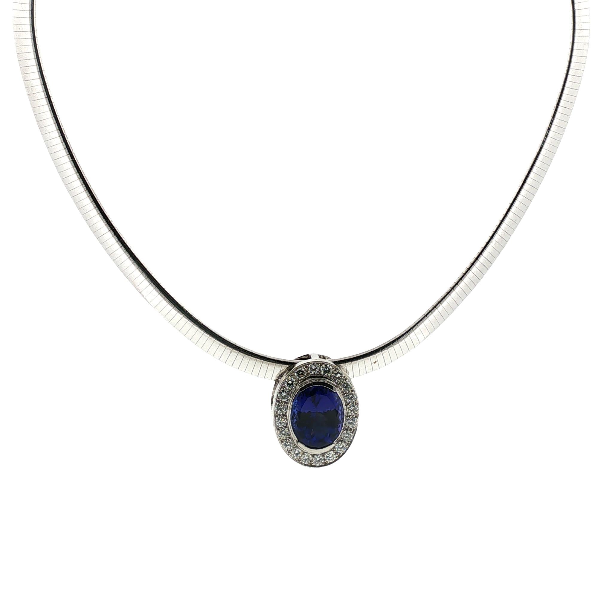 16 Carat Oval Tanzanite Gemstone Diamond Pendant Omega Necklace Platinum/14KWG