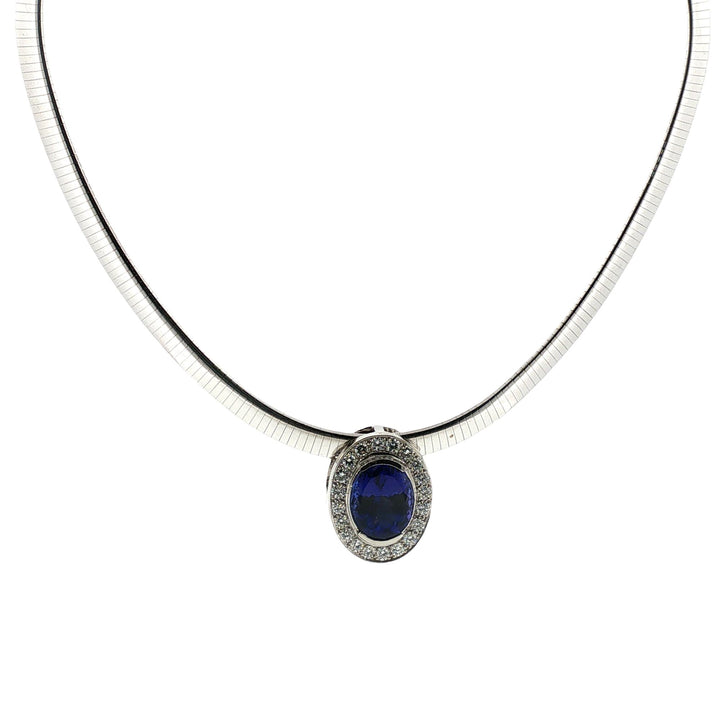 16 Carat Oval Tanzanite Gemstone Diamond Pendant Omega Necklace Platinum/14KWG