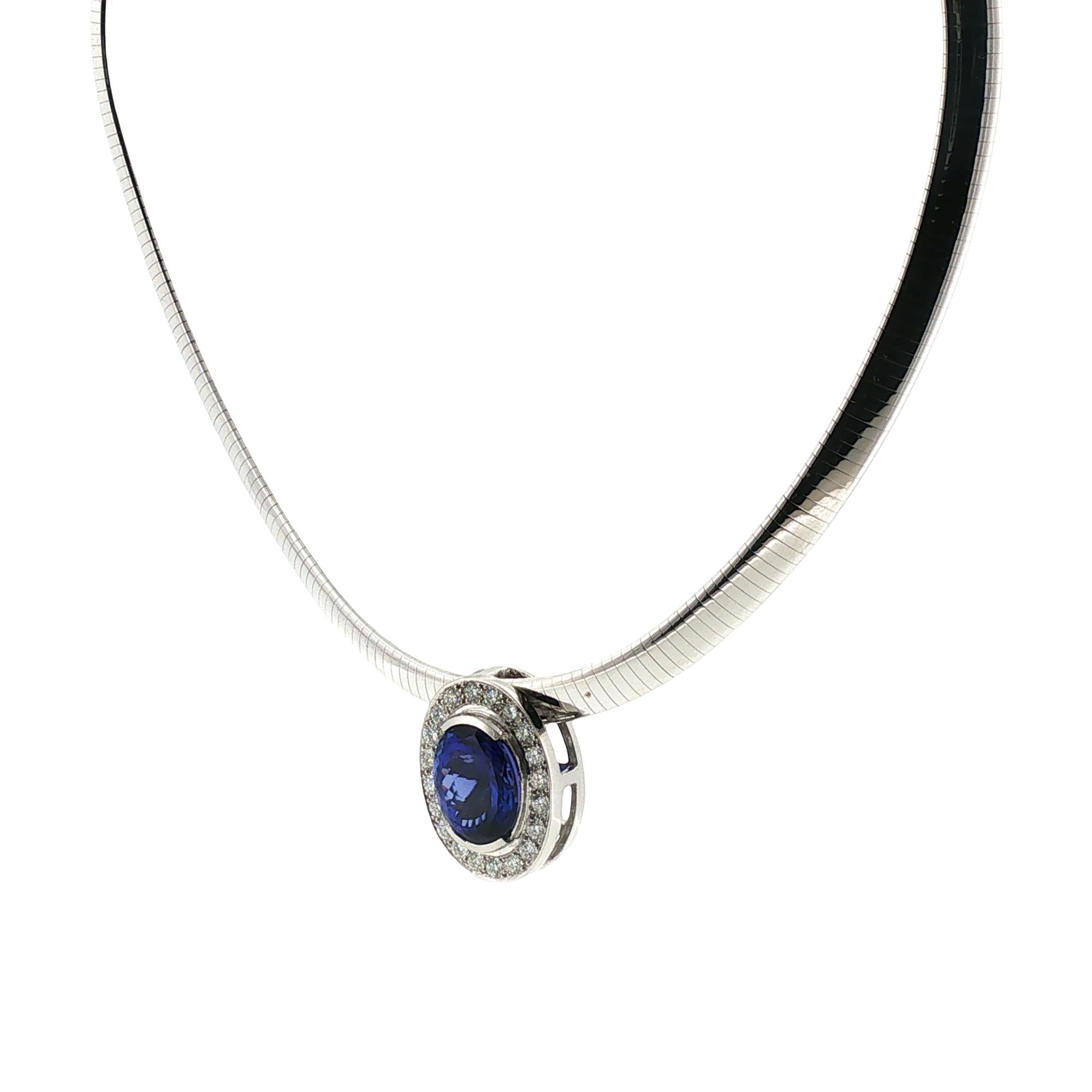 16 Carat Oval Tanzanite Gemstone Diamond Pendant Omega Necklace Platinum/14KWG