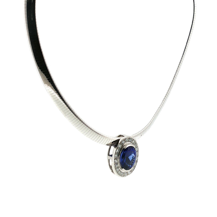 16 Carat Oval Tanzanite Gemstone Diamond Pendant Omega Necklace Platinum/14KWG