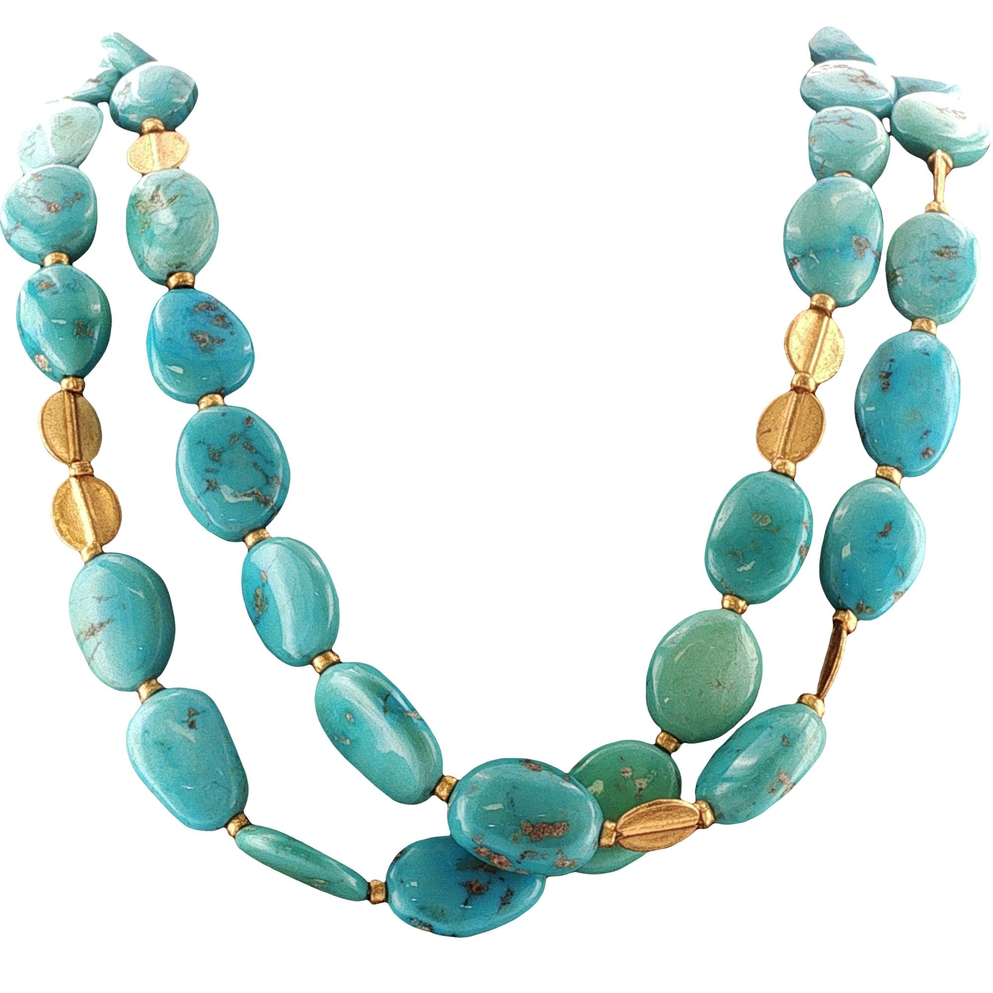 Double Strand Turquoise Gemstone 24 Karat Yellow Gold Necklace Yossi Harari