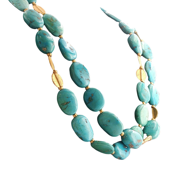Double Strand Turquoise Gemstone 24 Karat Yellow Gold Necklace Yossi Harari