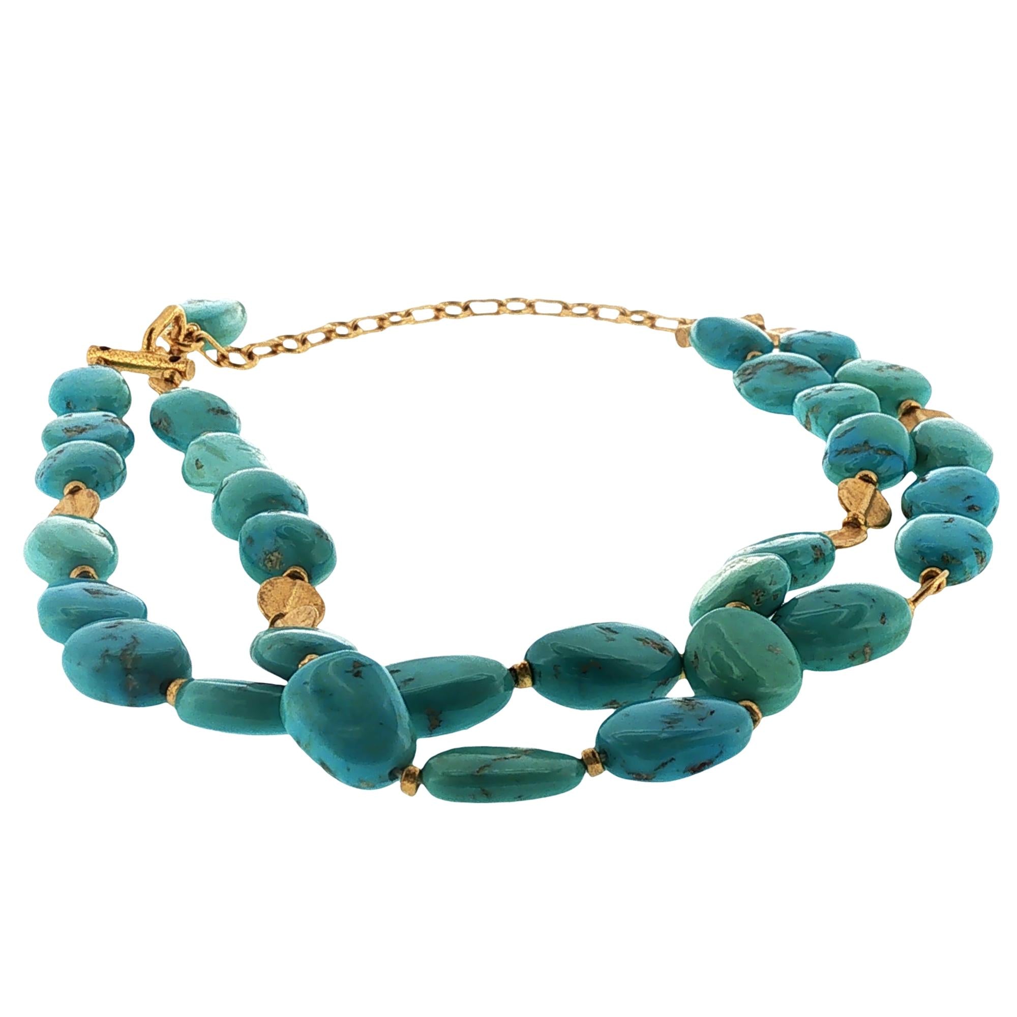 Double Strand Turquoise Gemstone 24 Karat Yellow Gold Necklace Yossi Harari