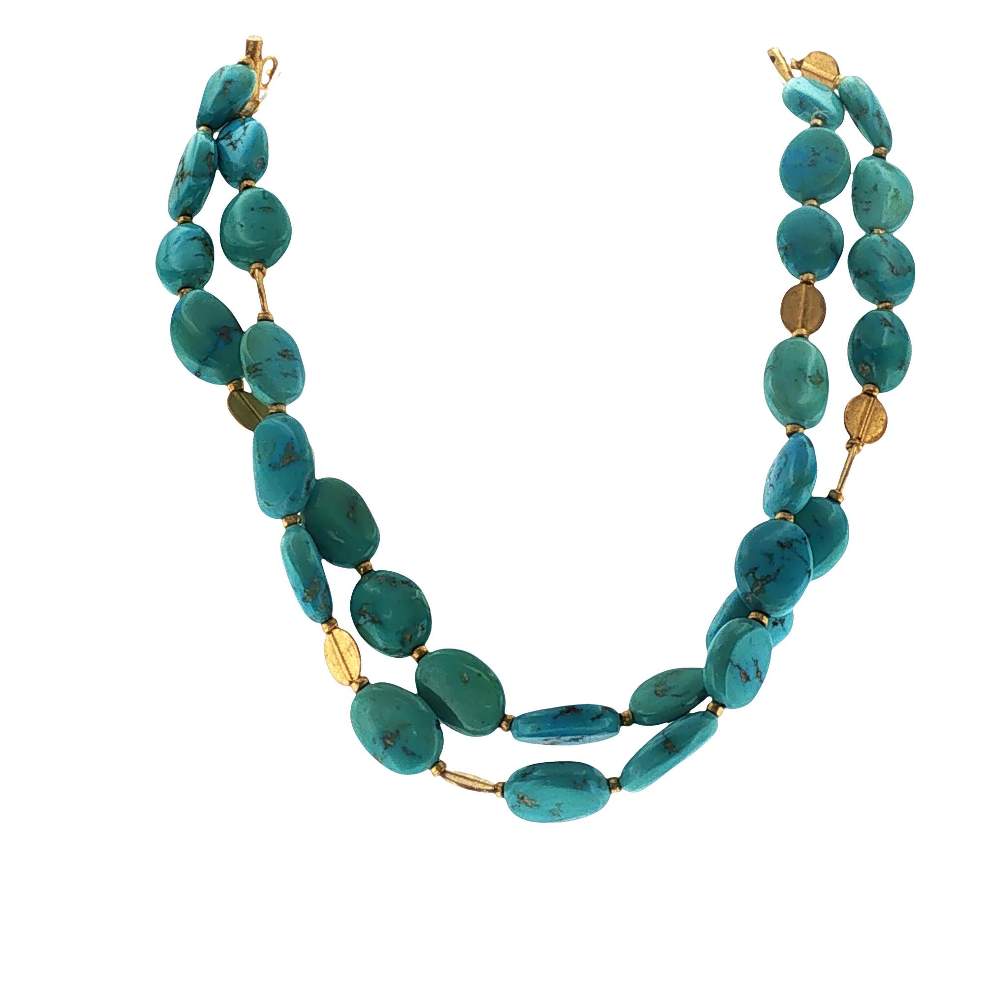 Double Strand Turquoise Gemstone 24 Karat Yellow Gold Necklace Yossi Harari