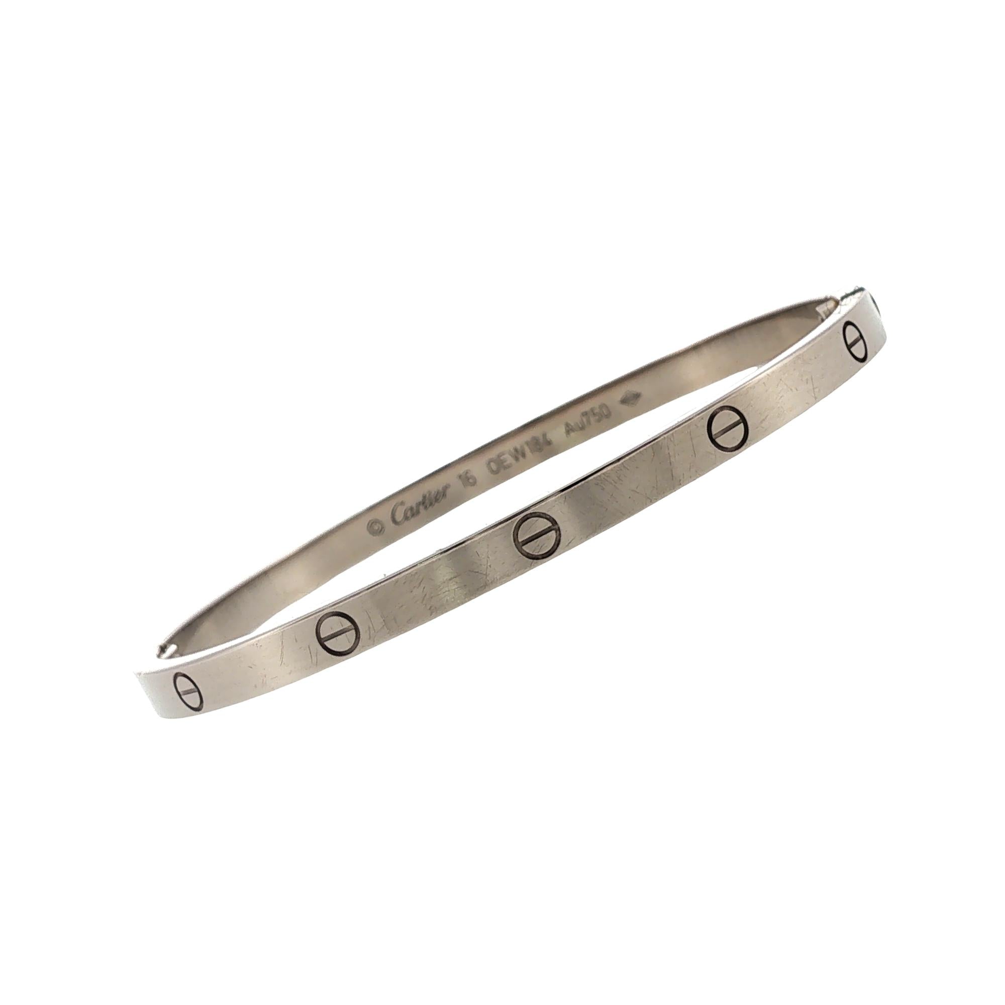 Cartier LOVE 18 Karat White Gold Bangle Bracelet, Small Model Size 16
