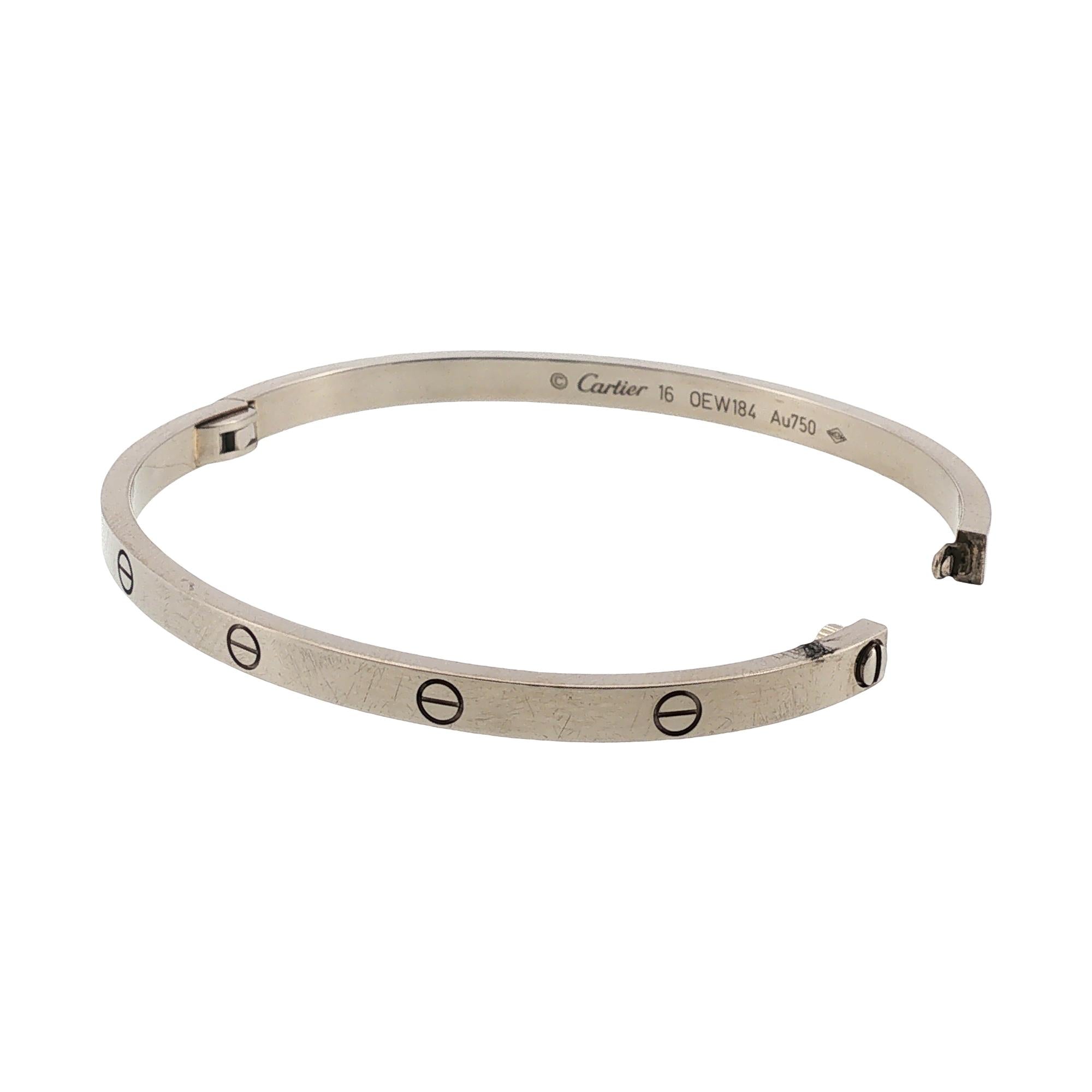 Cartier LOVE 18 Karat White Gold Bangle Bracelet, Small Model Size 16