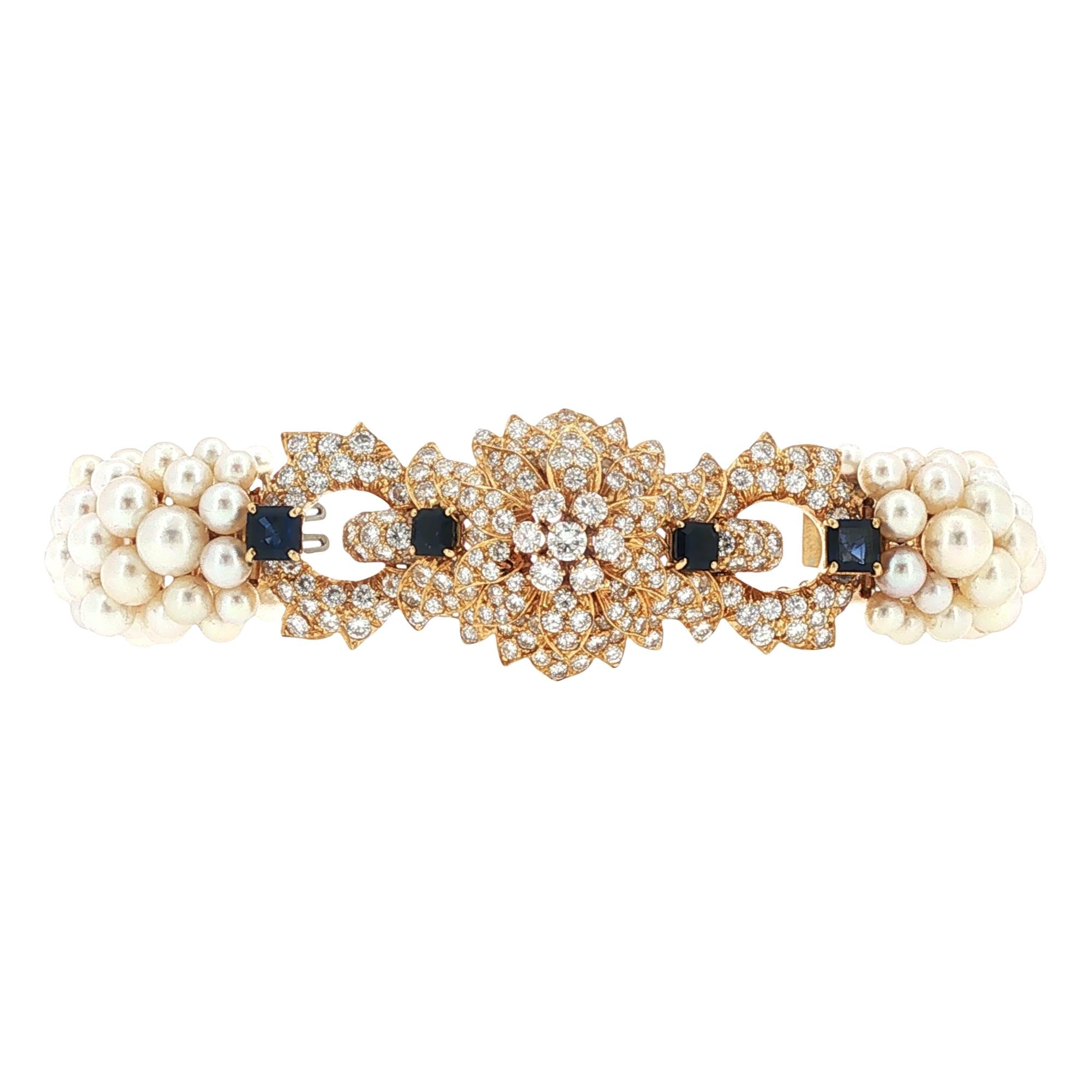 David Webb Diamond Sapphire Pearl 18 Karat Yellow Gold Vintage Bracelet